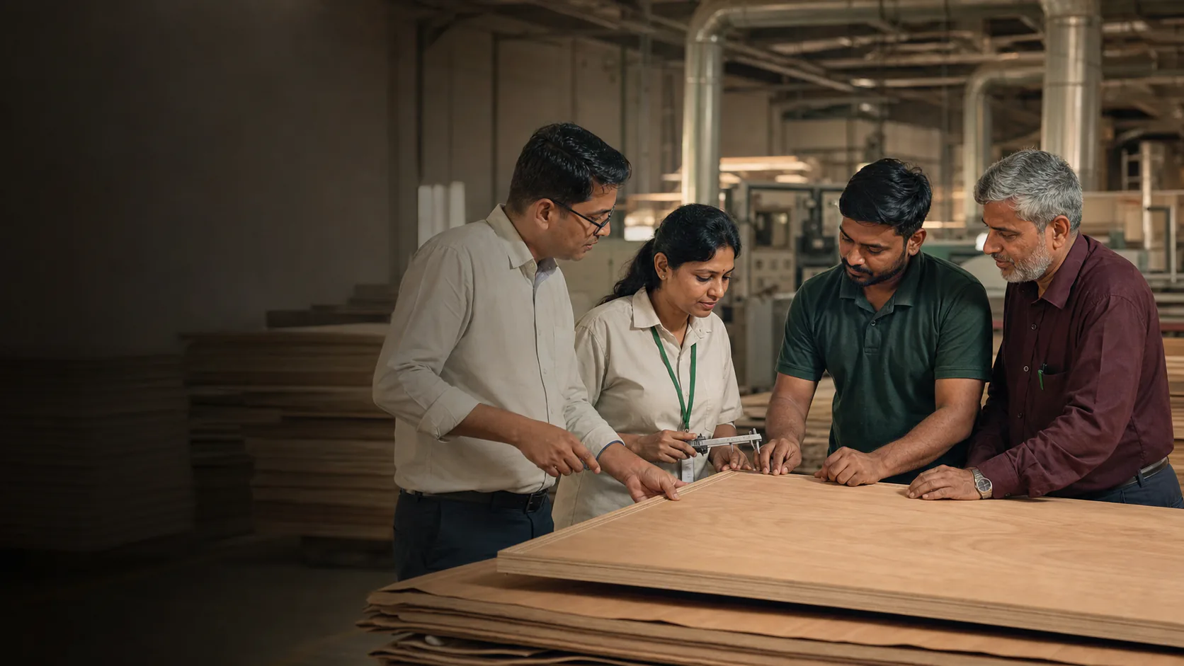 Peridot quality team inspecting the edge and surface of a finished plywood panel