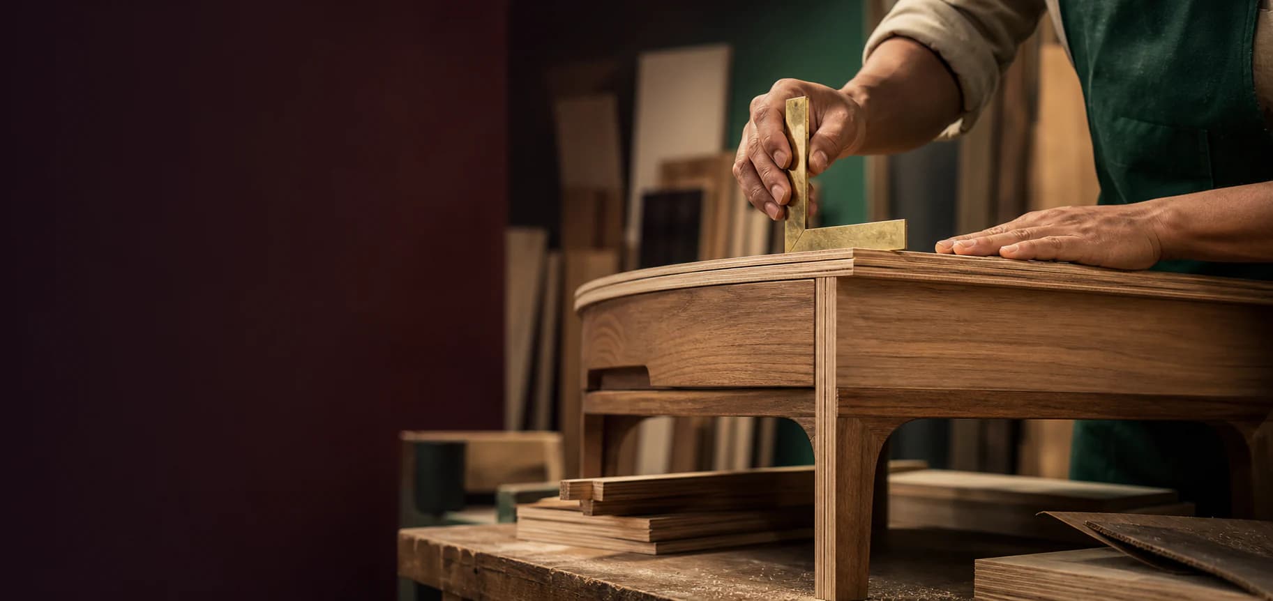 Craftsperson checking the layered plywood edge of a bespoke sideboard with a brass square