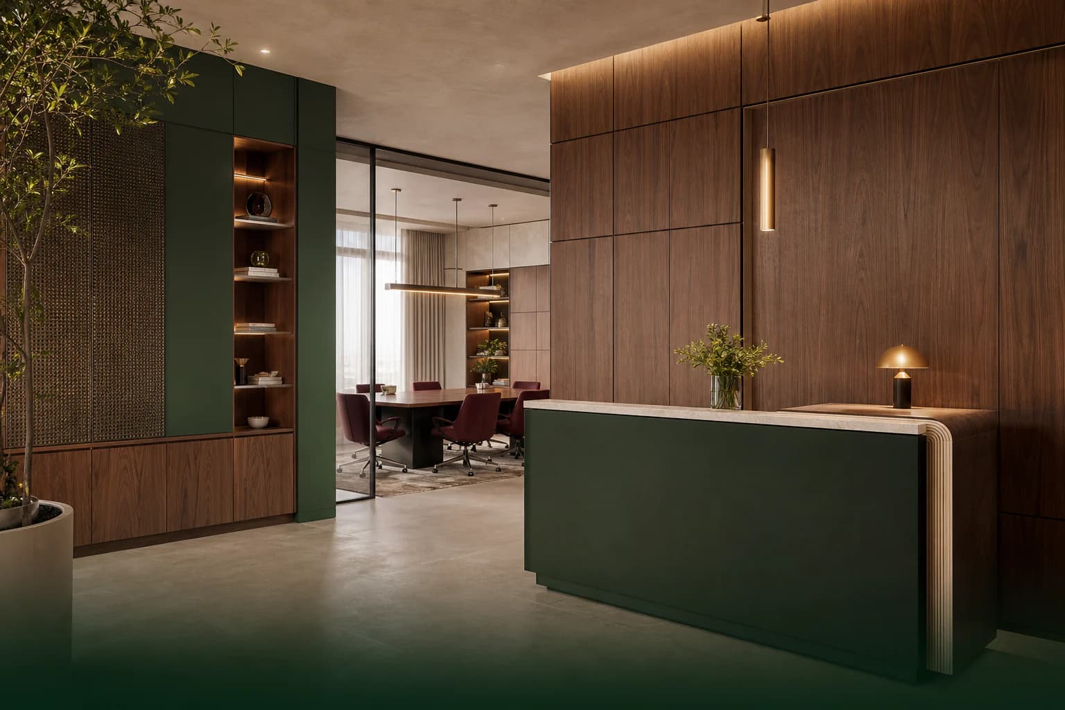 Commercial reception and boardroom fit-out with walnut panels and deep green joinery
