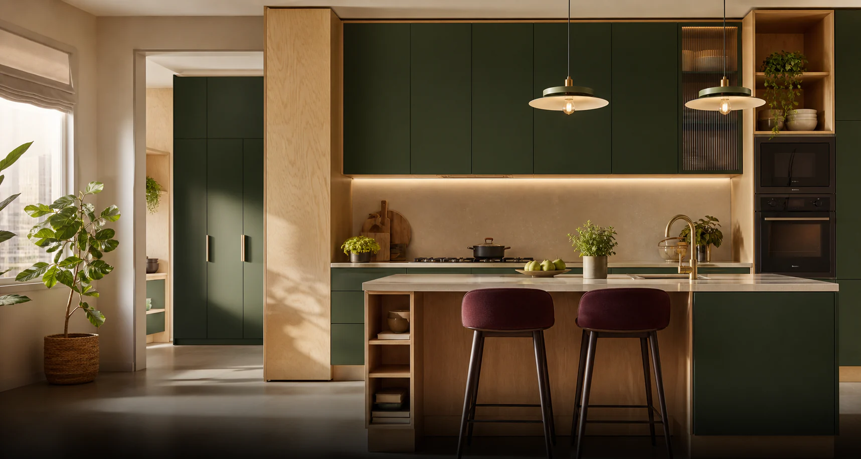 Modular kitchen with deep green cabinetry, natural plywood framing and a stone island