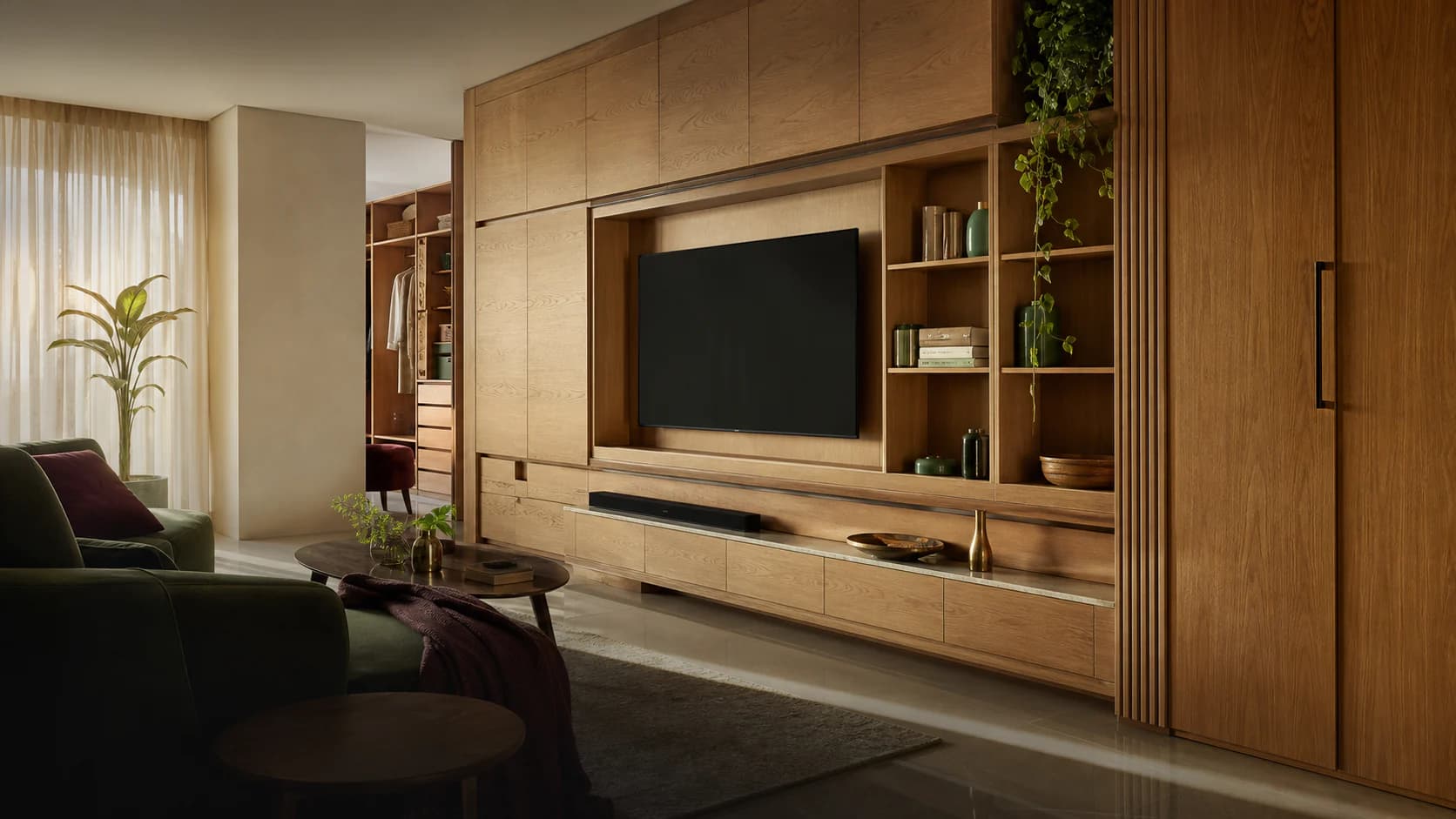 Living room with precisely aligned plywood media-wall joinery and integrated storage