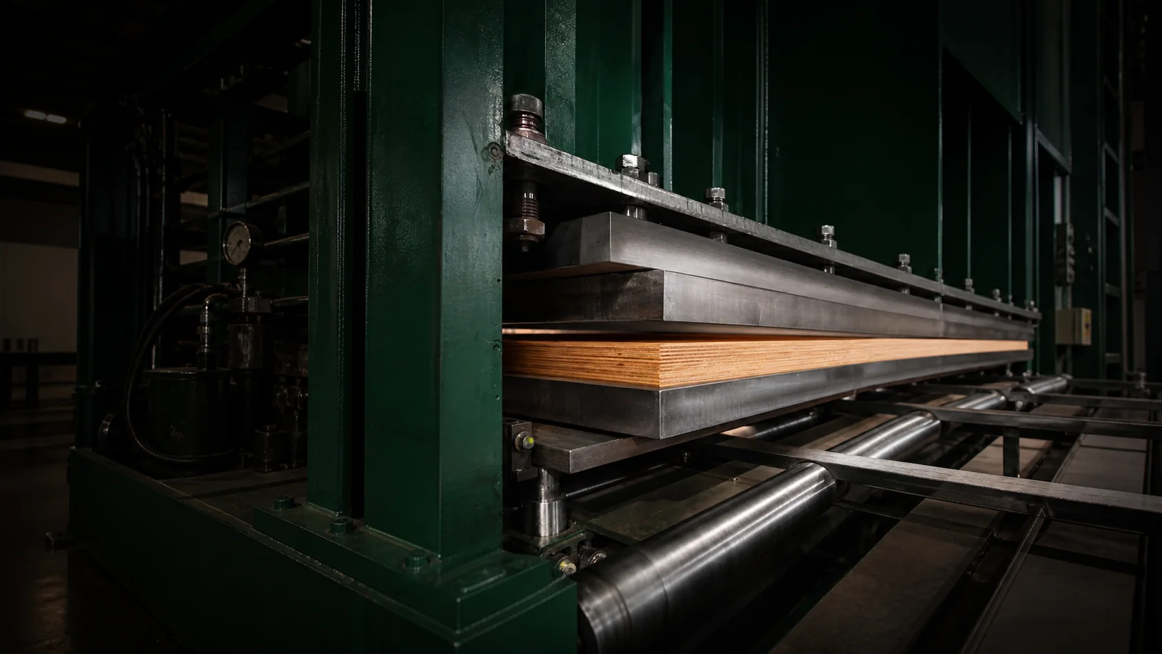 A premium plywood panel being pressed between calibrated steel platens