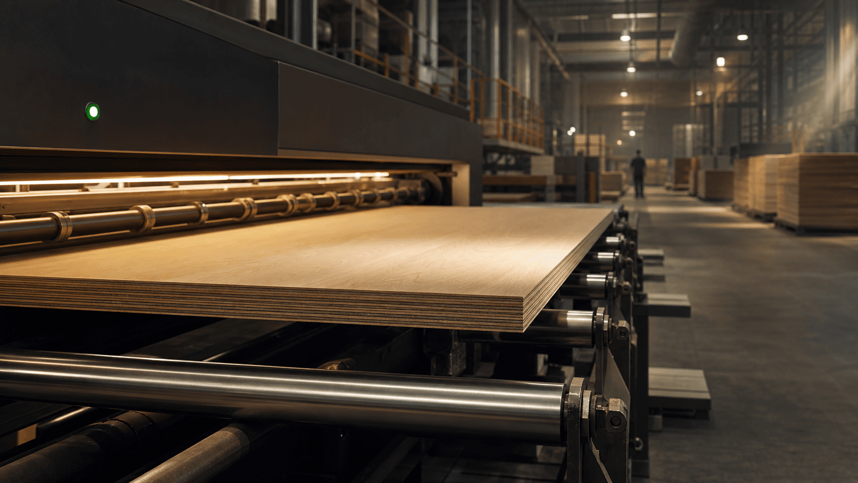 A precision plywood panel moving through the factory press line