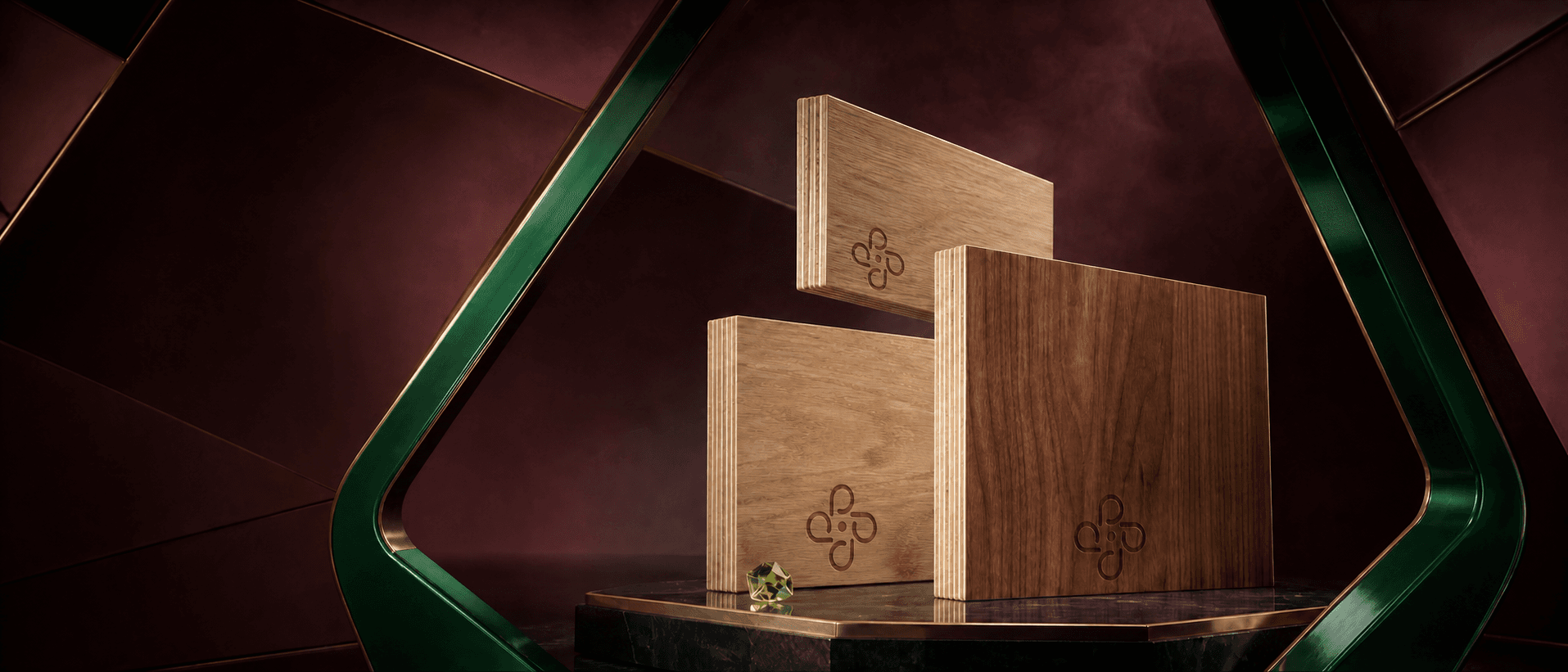 Three premium plywood panels displayed in a sculptural green and burgundy setting