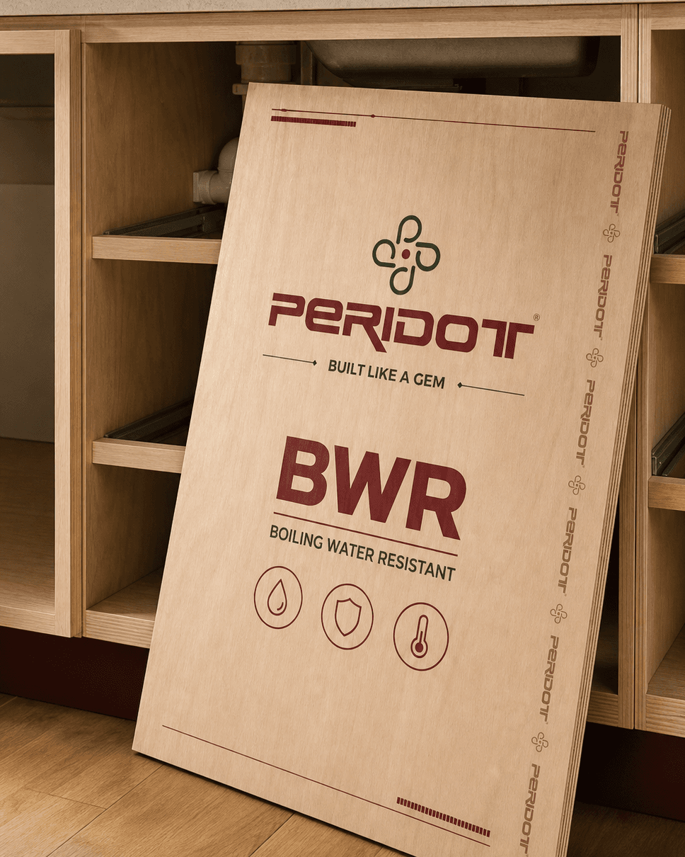 Peridot BWR plywood panel beside an open sink-base cabinet