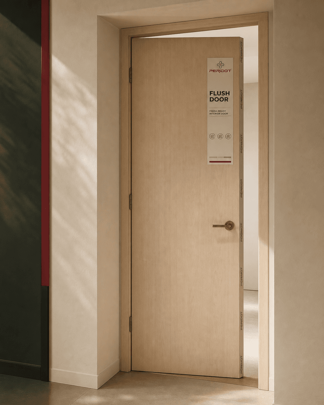 Peridot flush door installed in a warm architectural interior