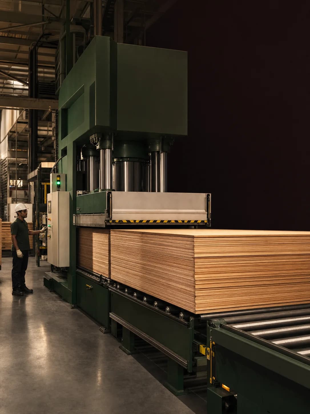 Technician operating a calibrated plywood hot press beside a precisely aligned stack of panels
