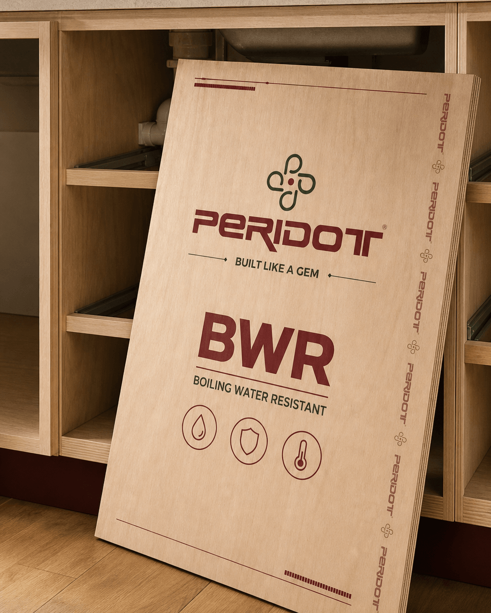 Peridot BWR plywood panel beside an open sink-base cabinet