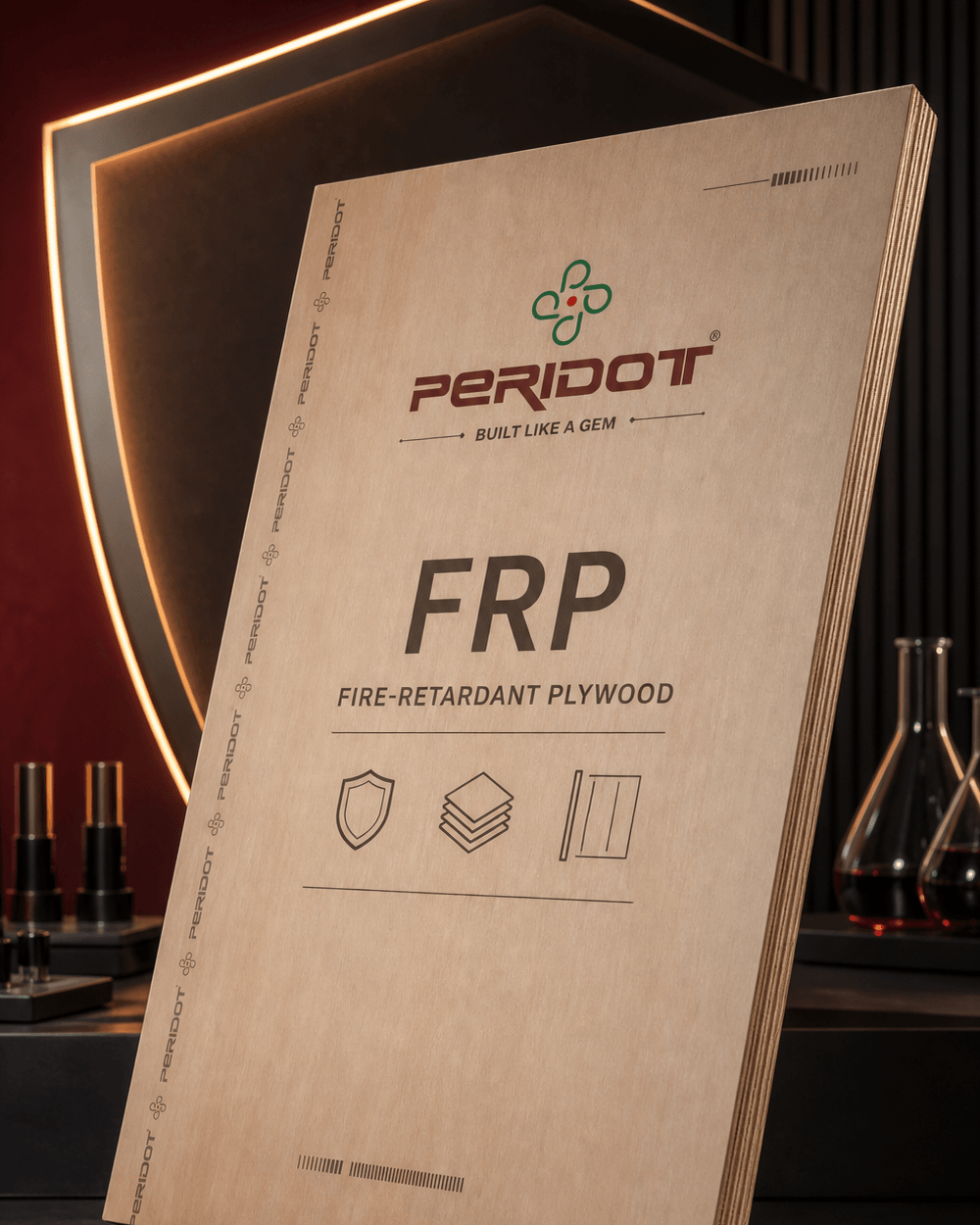 Peridot FRP fire-retardant plywood panel in a materials-testing setting