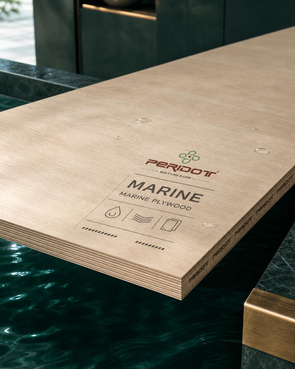 Peridot Marine plywood panel displayed over a reflective water basin